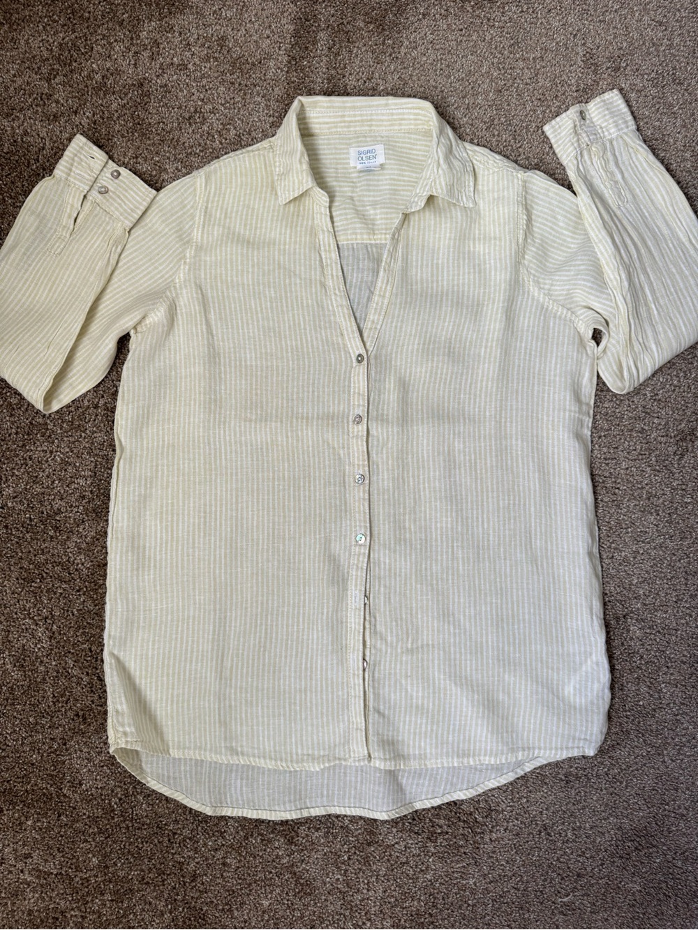 Sigrid Olsen Club Room Cream Stripe Linen-Blend Button-Up Shirt 100% linen